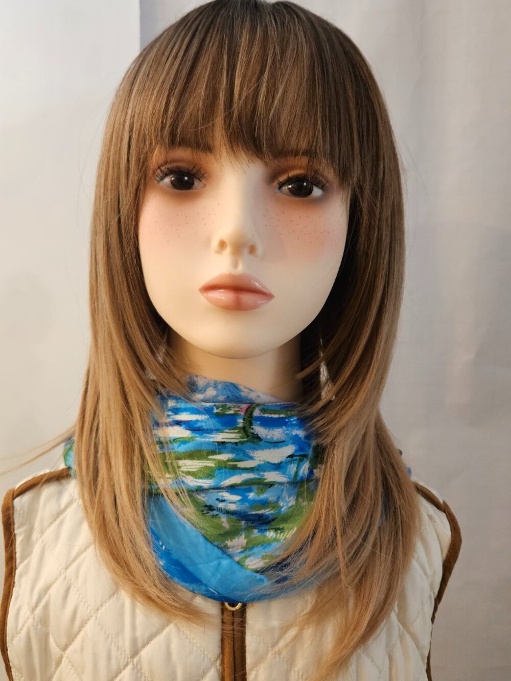 Ash Brown 18” Wig Honey-Blonde Highlights Blunt Bangs Soft Natural Feel
